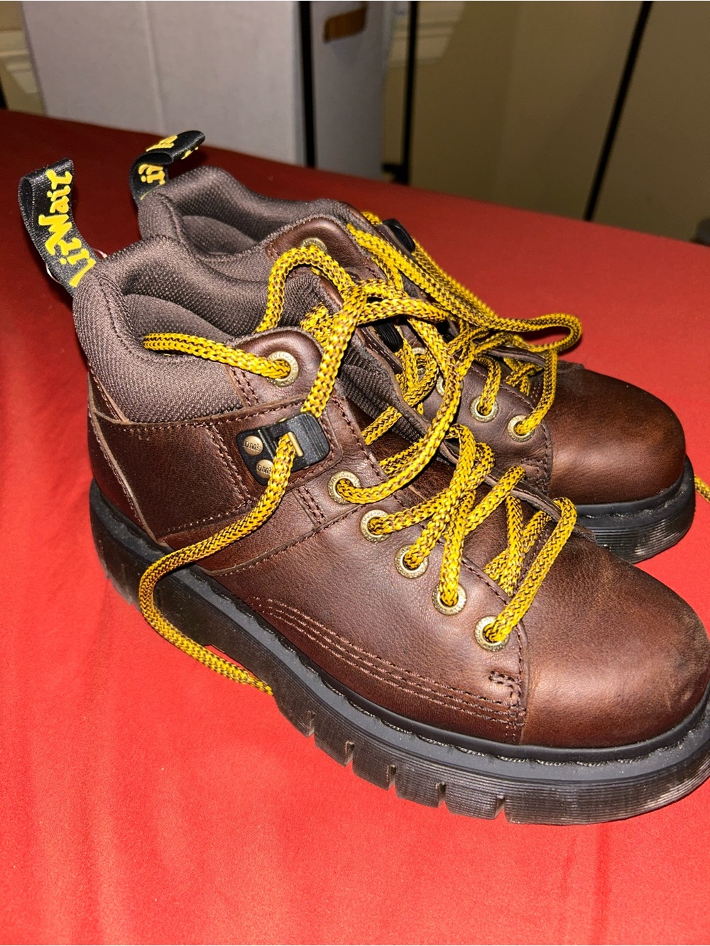 Doc Martin brown Leather Lace-Up Boots with Yellow Laces